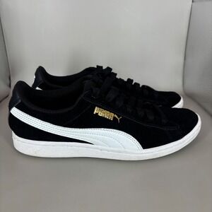 Puma Suede Classic Black White Gold Logo Women's Casual Sneakers Shoes Size 6.5